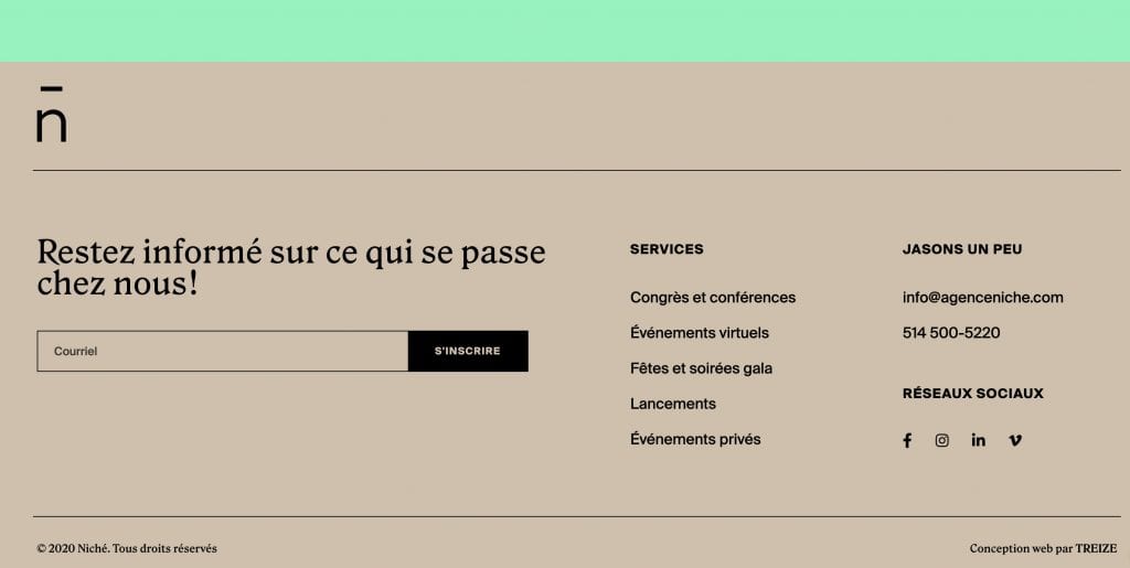Pied de page du site web de l'agence Niché