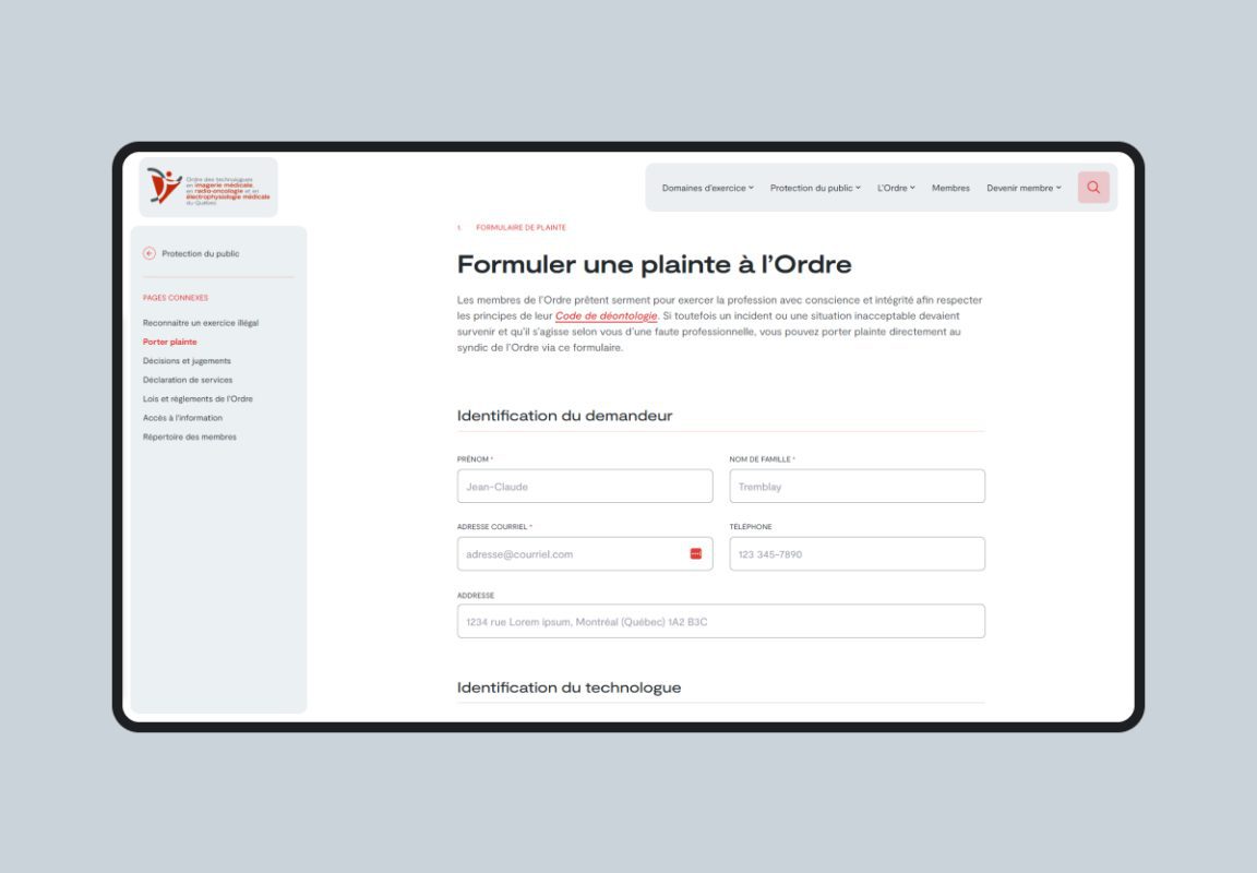 Formulaire de plainte de l'OTIMROEPMQ