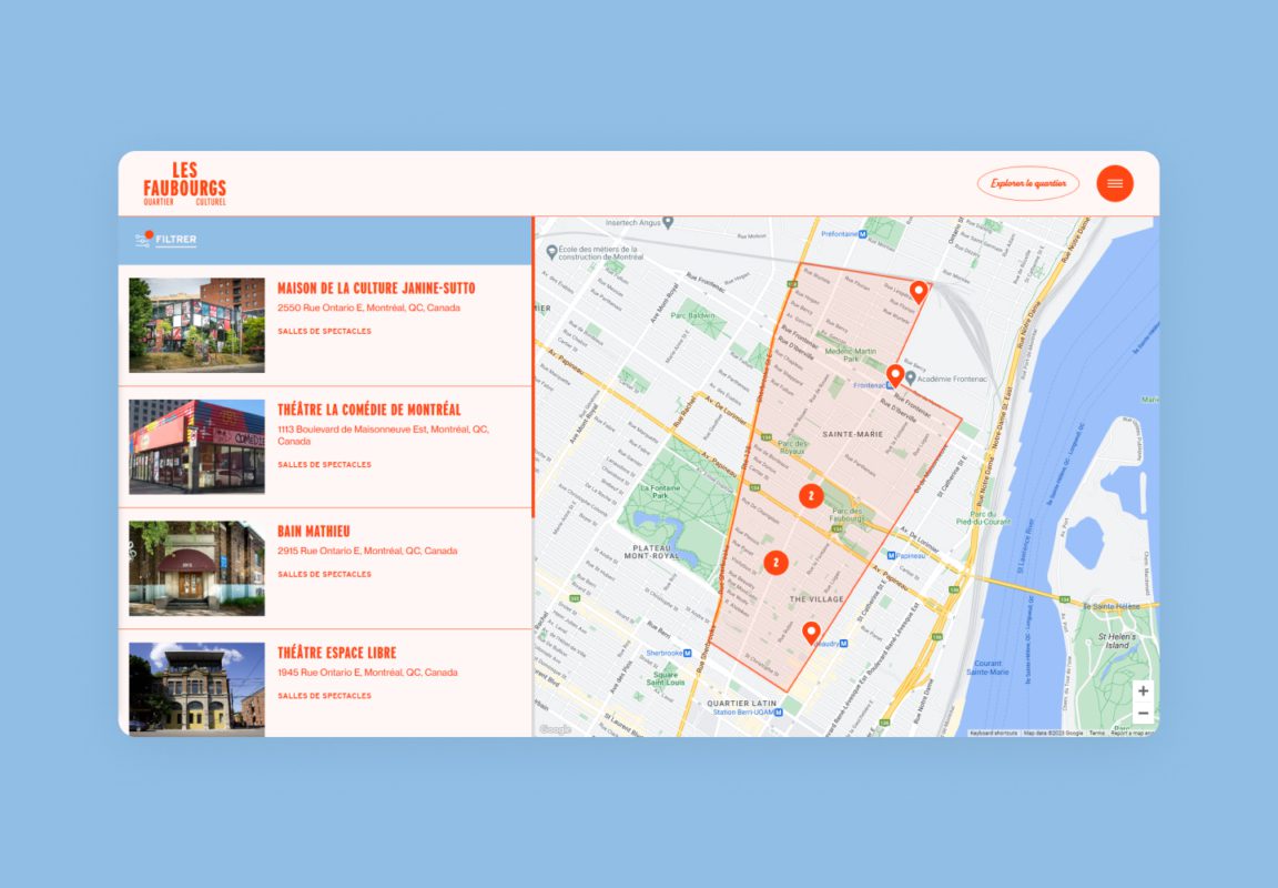 Carte web interactive pour le quartier des Faubourgs situé au Centre-sud Montréal.