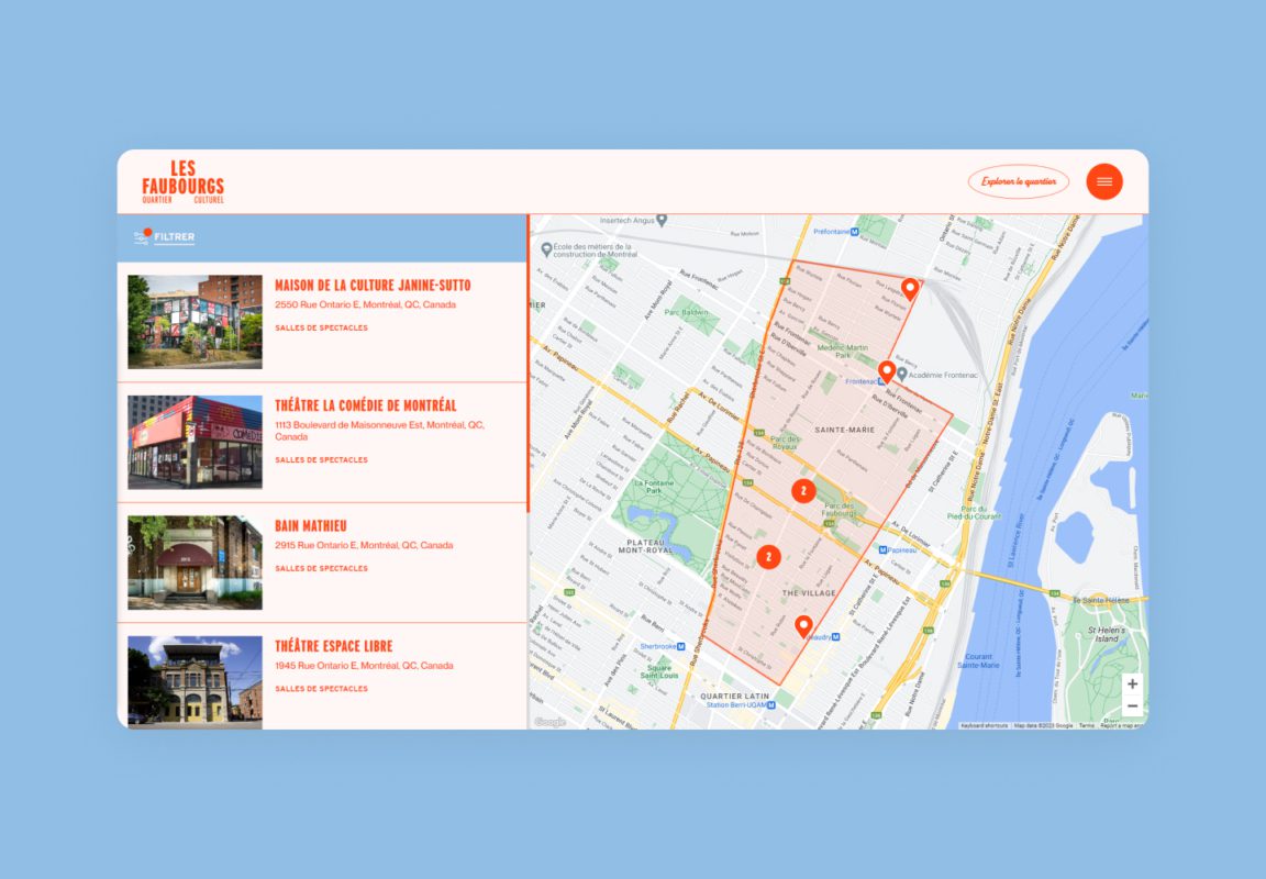 Interactive web map for the quartier des Faubourgs located in the Centre-Sud of Montreal.