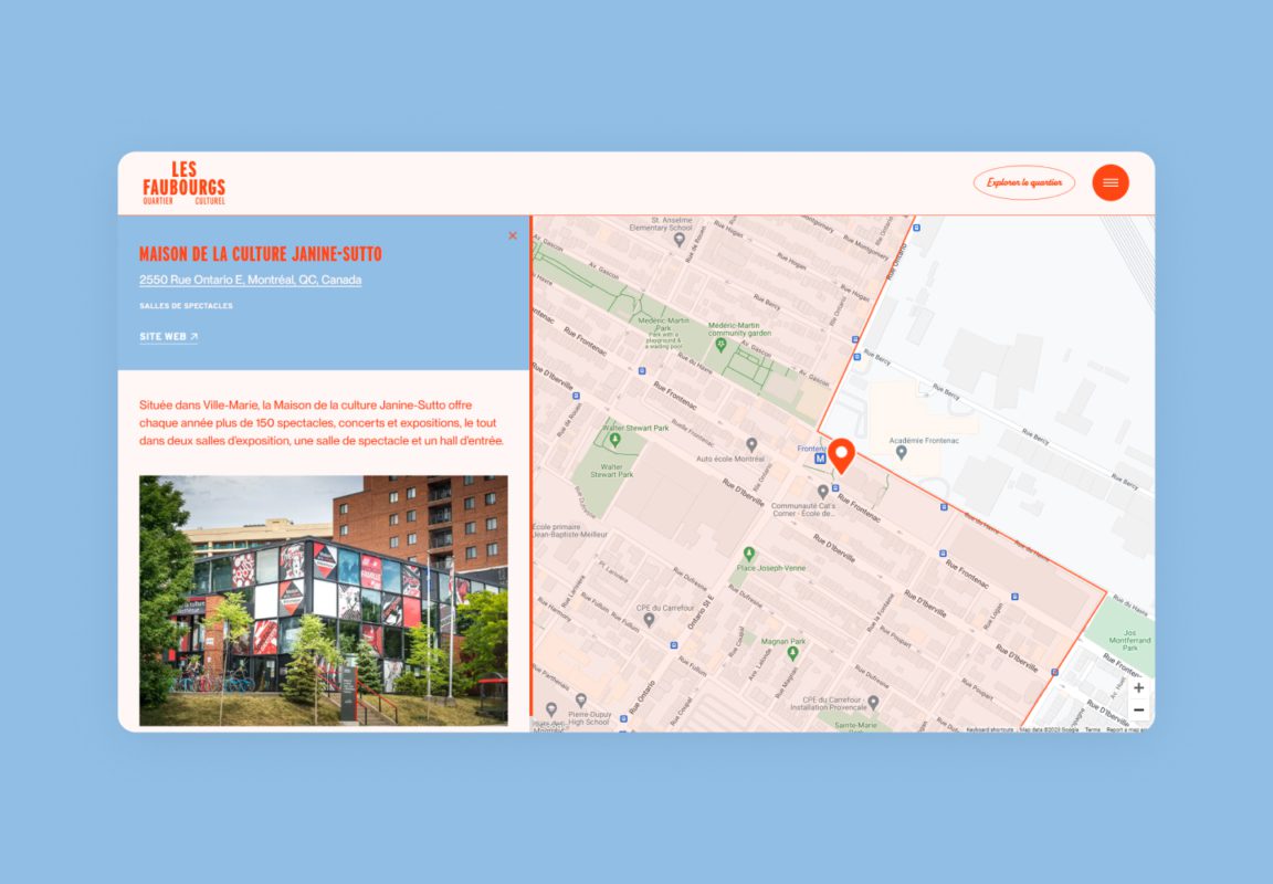 Interactive web map for the quartier des Faubourgs located in the Centre-Sud of Montreal.