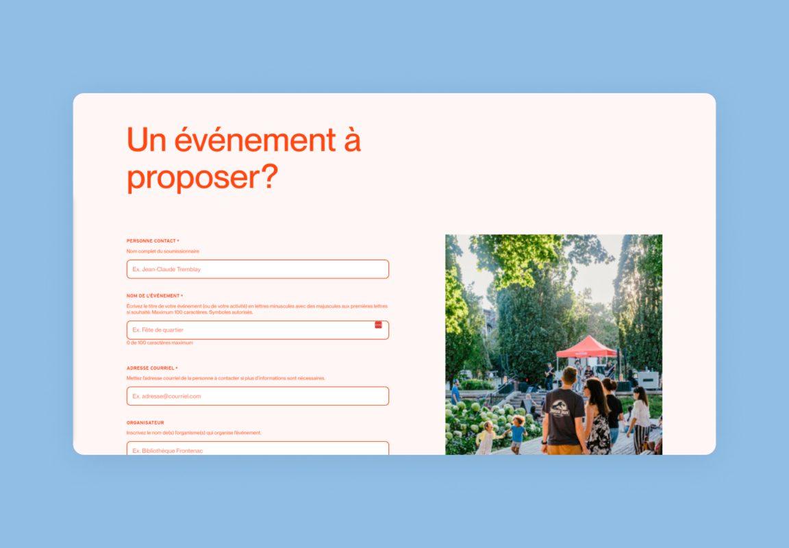 Web form for submitting event proposals for the Quartier culturel des Faubourgs.