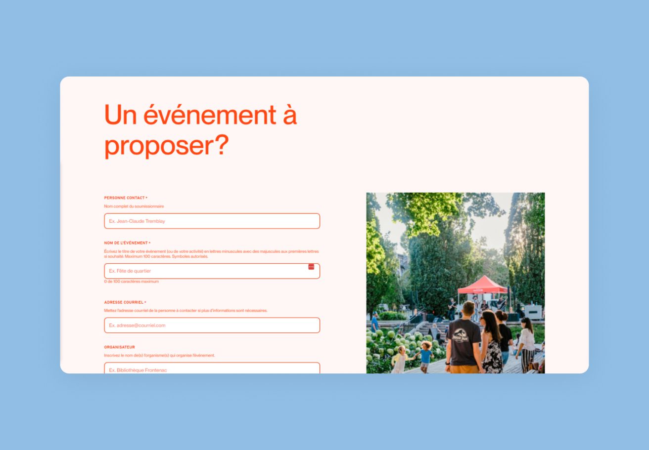 Formulaire web de proposition d'évènement pour le quartier culturel des Faubourgs
