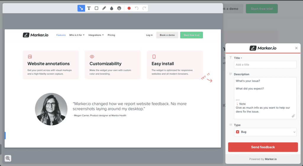 Capture d'écran de l'interface de Marker.io, présentant des fonctionnalités telles que les annotations de site web et l'installation facile. Un témoignage et un formulaire de feedback sont visibles.