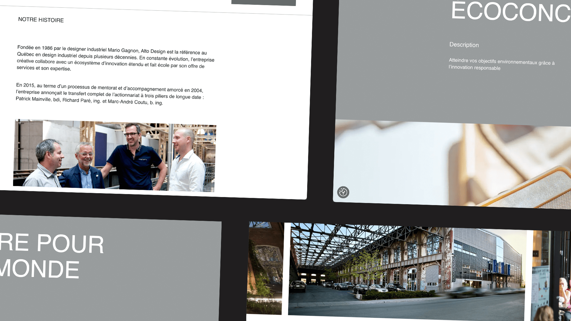 Collage de sections de site web présentant l'histoire d'une entreprise, un groupe de quatre personnes discutant à l'intérieur d'un bâtiment, le mot ECOCONC avec un texte descriptif et une vue extérieure d'un bâtiment de style industriel.