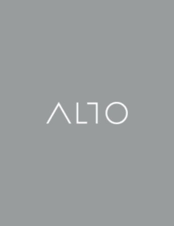 Fond gris avec le mot ALTO écrit en lettres majuscules fines, blanches et modernes, où le A ressemble à un V renversé et le O à un simple cercle.