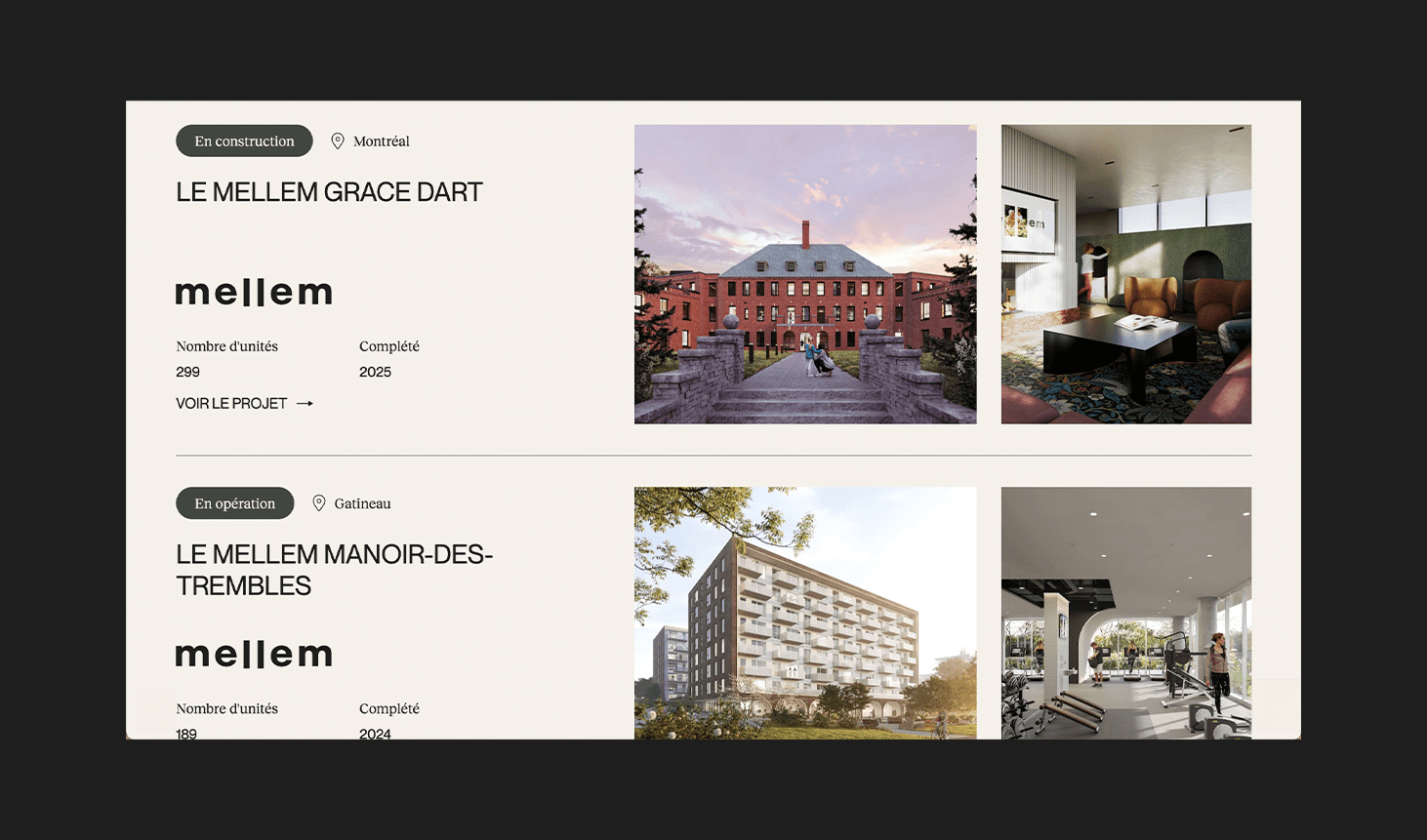 Capture d'écran montrant deux projets de construction avec les noms, les emplacements, le statut, les numéros d'unité, les années d'achèvement, et des images des bâtiments, des espaces intérieurs et des équipements sur un fond beige.