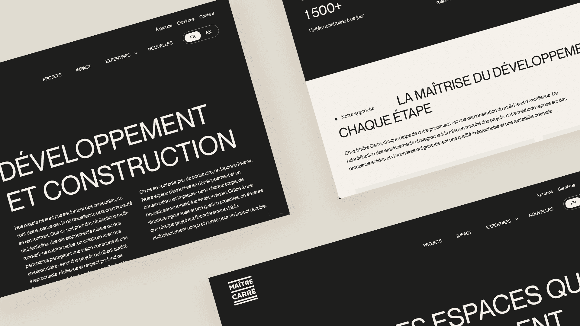 La mise en page du site Web présente des sections avec des titres en gras en français, notamment DÉVELOPPEMENT ET CONSTRUCTION et LA MAÎTRISE DU DÉVELOPPEMENT À CHAQUE ÉTAPE, en utilisant un design moderne et minimaliste en noir et blanc.