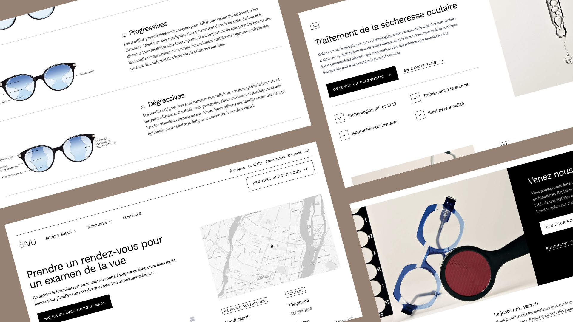 Collage de captures d'écran de sites Web présentant des lunettes, des informations sur les examens de la vue, le traitement des yeux secs, une carte et une paire de lentilles d'essai sur un fond beige. Le texte est en français.
