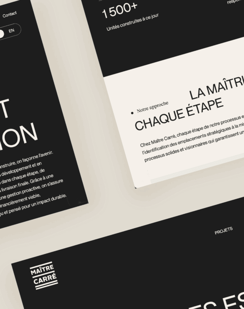 Vue recadrée d'un site web moderne et minimaliste présentant des blocs de texte en noir et blanc en français, avec une typographie audacieuse et des lignes épurées sur un fond beige clair.
