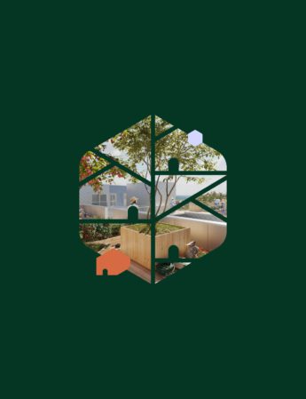 Un graphique géométrique en forme de feuille recouvre une scène de jardin sur le toit avec des plantes, un arbre et des jardinières en bois ; de petites icônes de maison colorées sont placées autour du dessin sur un fond vert foncé.