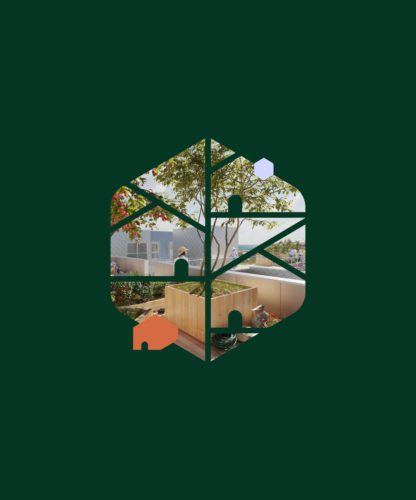 Un graphique géométrique en forme de feuille recouvre une scène de jardin sur le toit avec des plantes, un arbre et des jardinières en bois ; de petites icônes de maison colorées sont placées autour du dessin sur un fond vert foncé.