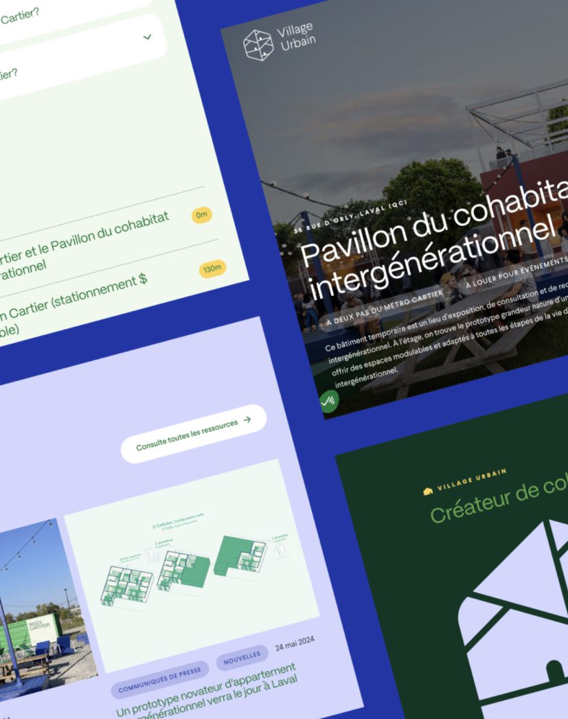 Collage d'écrans de sites web affichant un design moderne avec du texte en français, des accents verts et violets, des plans de bâtiments et des photos liées au logement communautaire et à la vie urbaine.