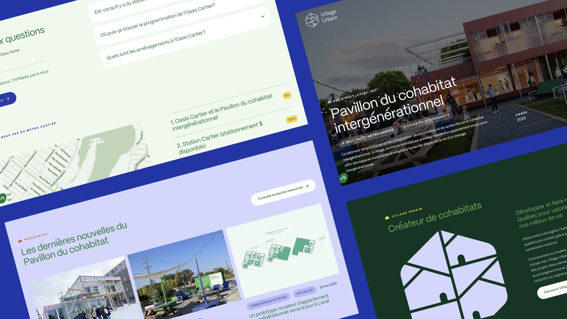 Un collage de pages de site web comporte des sections vertes, bleues et lavandes, y compris des FAQ, des mises à jour, des rendus architecturaux et un plan du site pour un projet de cohabitation intergénérationnelle.