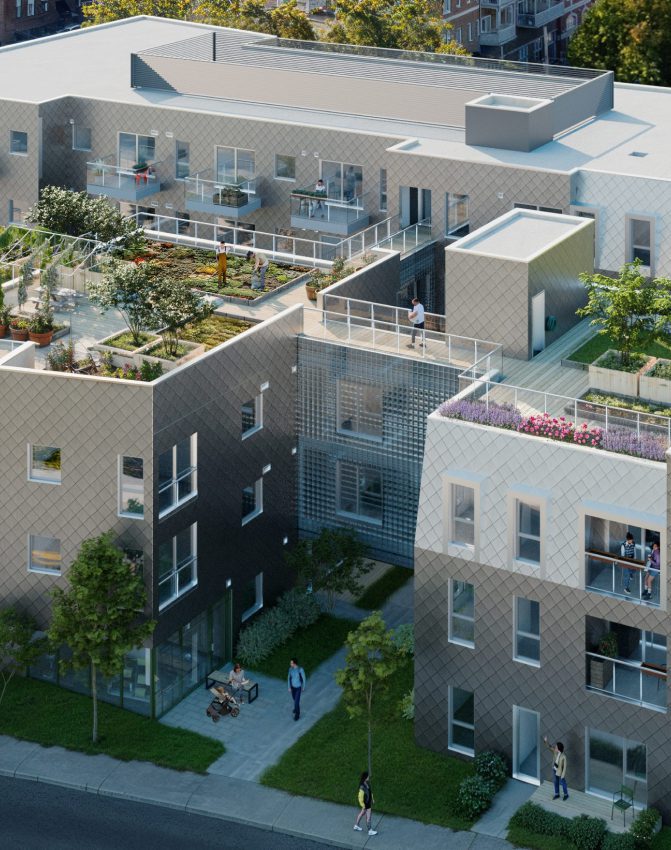 Un immeuble d'habitation moderne avec des jardins sur les toits, des terrasses et des gens qui se promènent ou se détendent. L'extérieur est gris avec de grandes fenêtres, entouré d'arbres et de verdure le long du trottoir.