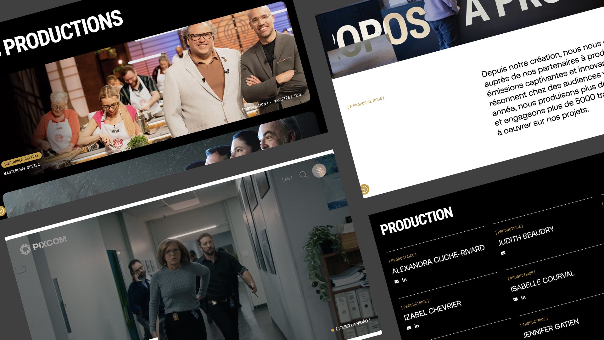 Capture d'écran d'un site web avec des sections présentant des productions télévisées, comprenant des images de personnes sur le plateau, une scène de groupe dans un couloir, un bloc de texte en français et une liste de noms sous la rubrique Production.