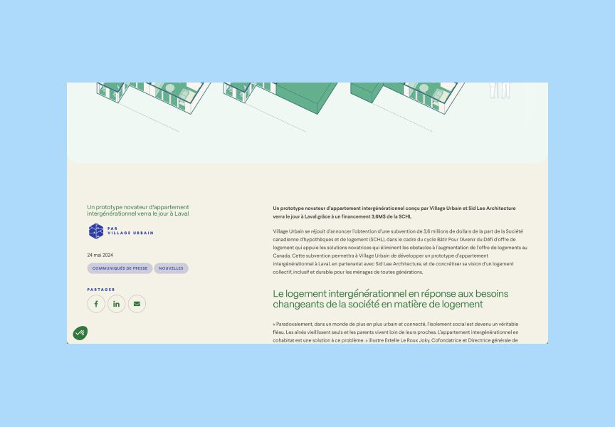 Capture d'écran d'une page web sur fond bleu clair. La page présente un article sur un prototype de logement intergénérationnel, avec un texte, une date de publication et des boutons de partage de médias sociaux sur la gauche.