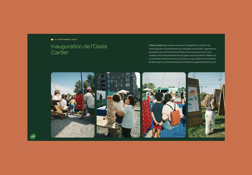 Une affiche numérique sur fond orange montre trois photos de personnes lors d'un événement en plein air avec des panneaux d'information et des présentoirs, ainsi qu'un texte en français sur l'inauguration de l'Oasis Cartier le 29 septembre 2023.