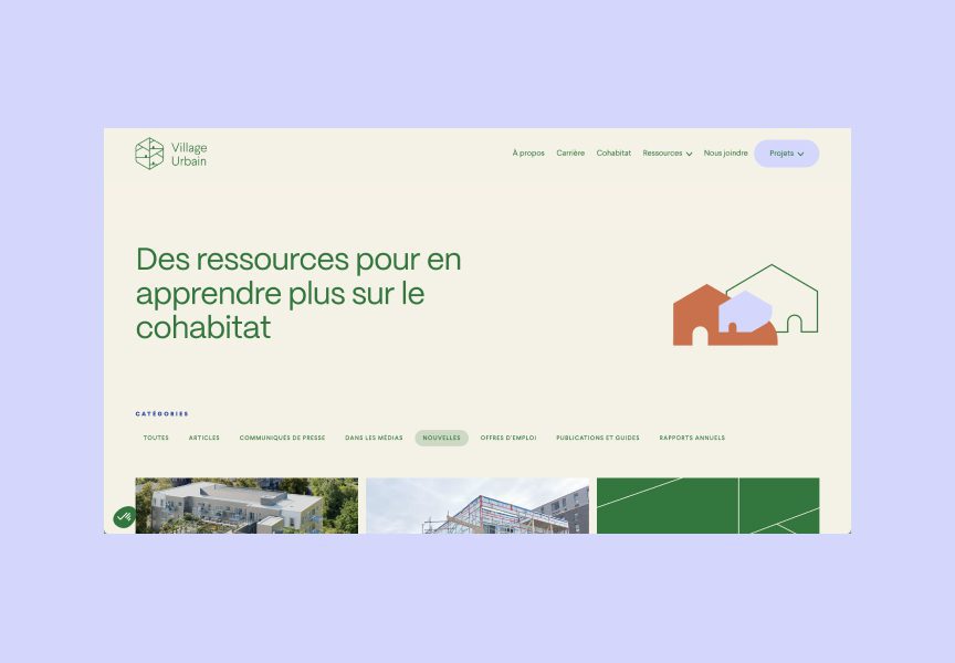 Capture d'écran d'un site web appelé Village Urbain sur fond clair. Le titre principal est "Des ressources pour en apprendre plus sur le cohabitat" en vert. Des icônes de maisons colorées se trouvent à droite.