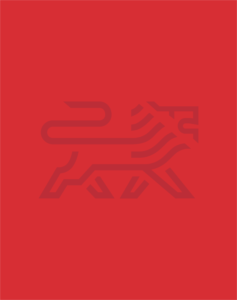 Minimalist illustration of a lion formed by bold, dark red lines on a solid bright red background, giving a modern and geometric look to the animal.