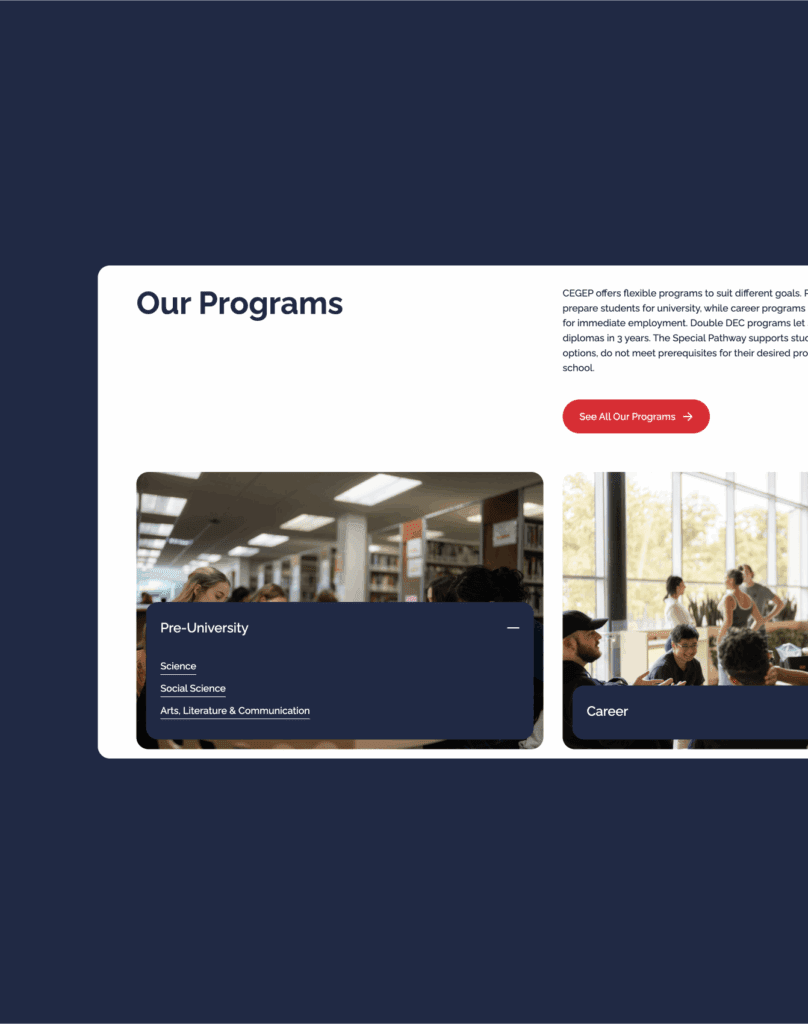 Une section du site web intitulée Our Programs (Nos programmes) présente des catégories telles que Pre-University (Pré-université) et Career (Carrière). Les options préuniversitaires répertoriées sont les sciences, les sciences sociales et les arts, la littérature et la communication. Les images d'arrière-plan montrent des étudiants en train d'étudier.