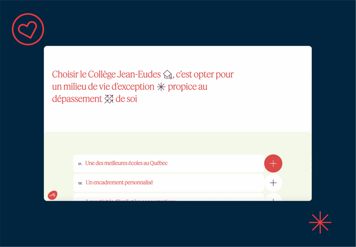 Une page web avec un texte en français faisant la promotion du Collège Jean-Eudes, le décrivant comme un environnement exceptionnel et favorable. La page comporte des icônes décoratives de cœur et d'étoile sur un fond bleu foncé.