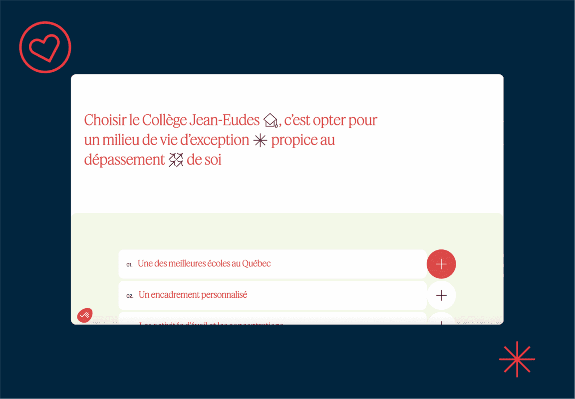 A website section with French text promoting Collège Jean-Eudes, highlighting an exceptional environment for self-improvement. The background is dark blue with red icons of a heart and an asterisk in the corners.