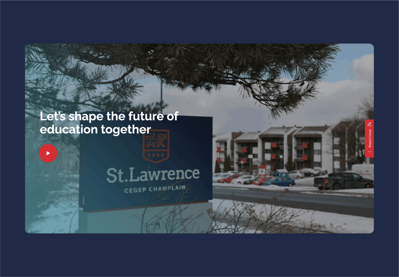 Un panneau bleu indiquant St. Lawrence CEGEP Champlain se dresse devant des bâtiments enneigés et des voitures garées. Un texte superposé dit : "Façonnons ensemble l'avenir de l'éducation". Un bouton de lecture rouge et un onglet de rétroaction sont visibles.