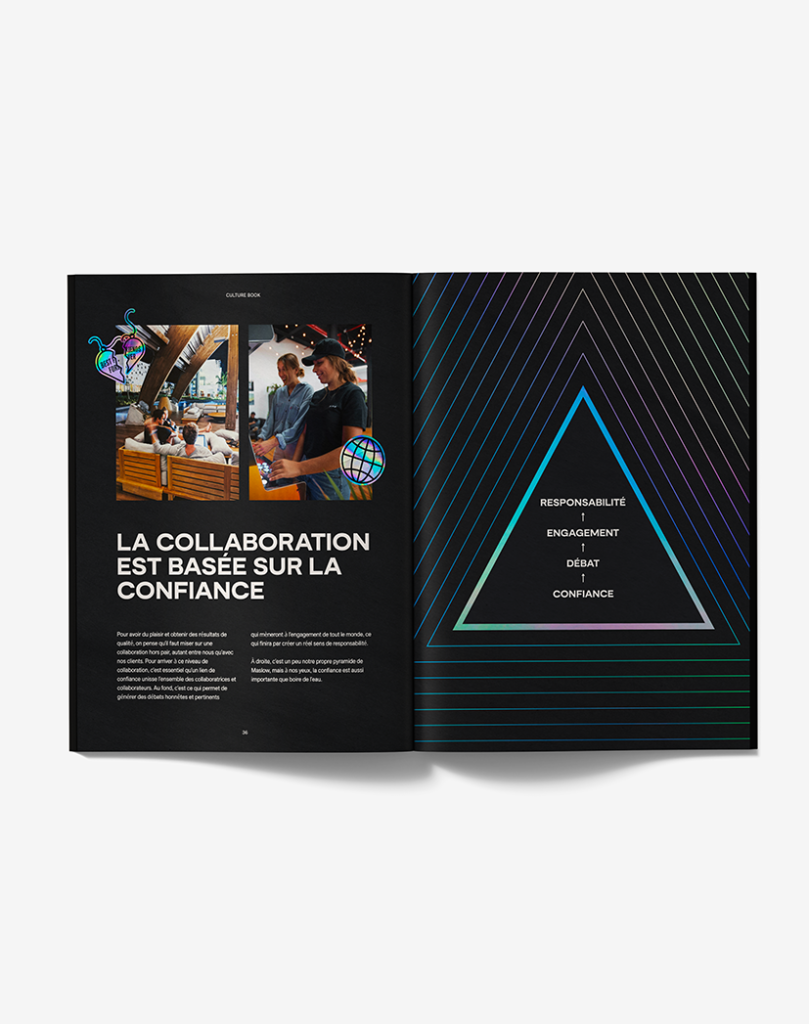 Un livre ouvert avec un texte en français à gauche, une photo de personnes collaborant et des autocollants géométriques. À droite, une page sombre avec un triangle coloré étiqueté : Responsabilité, Engagement, Débat, Confiance.