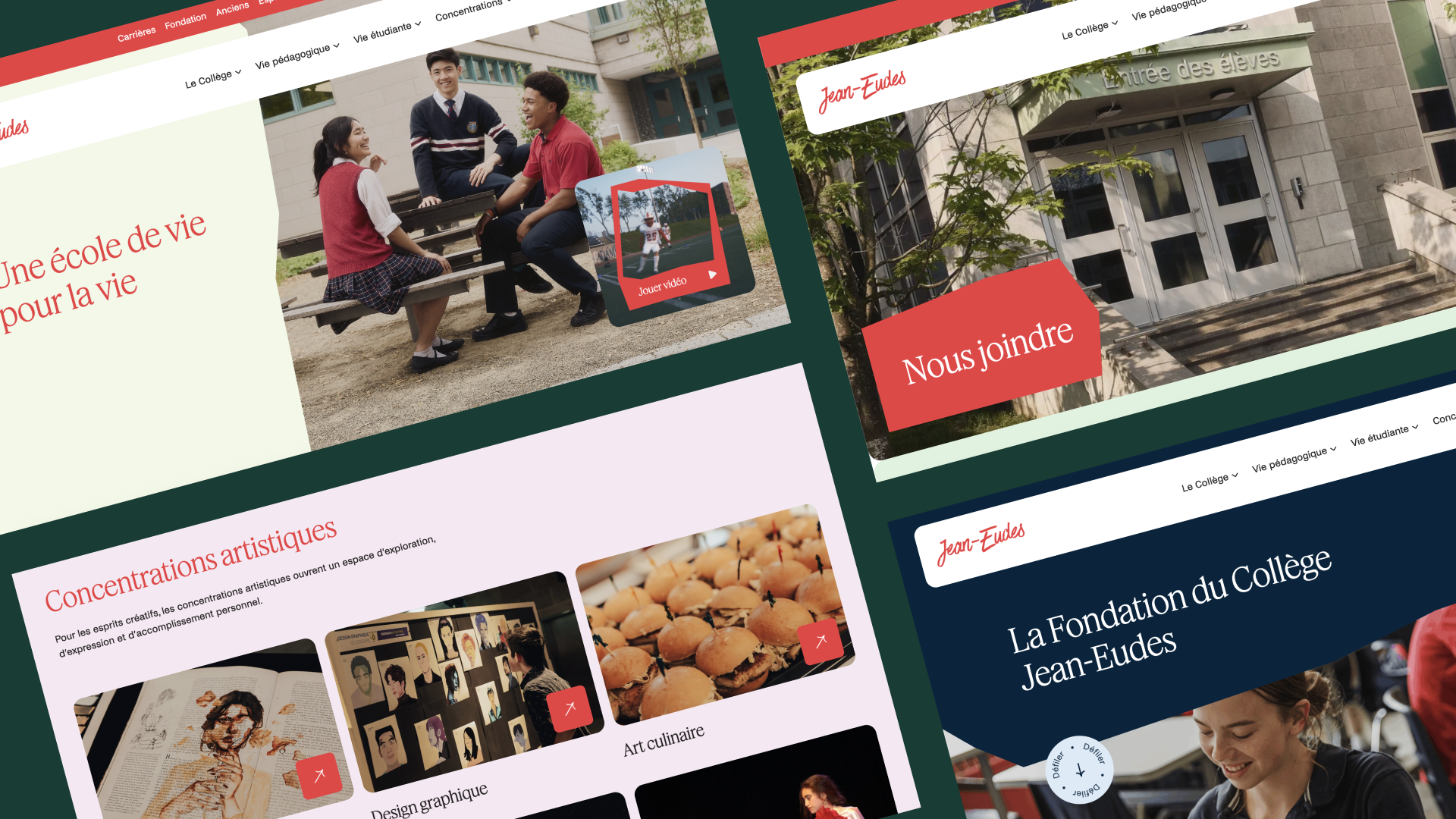 Un collage de captures d'écran du site Web du Collège Jean-Eudes, montrant des élèves parlant à l'extérieur, l'entrée de l'école, les programmes artistiques et une section intitulée Nous joindre (Contact Us) en français.