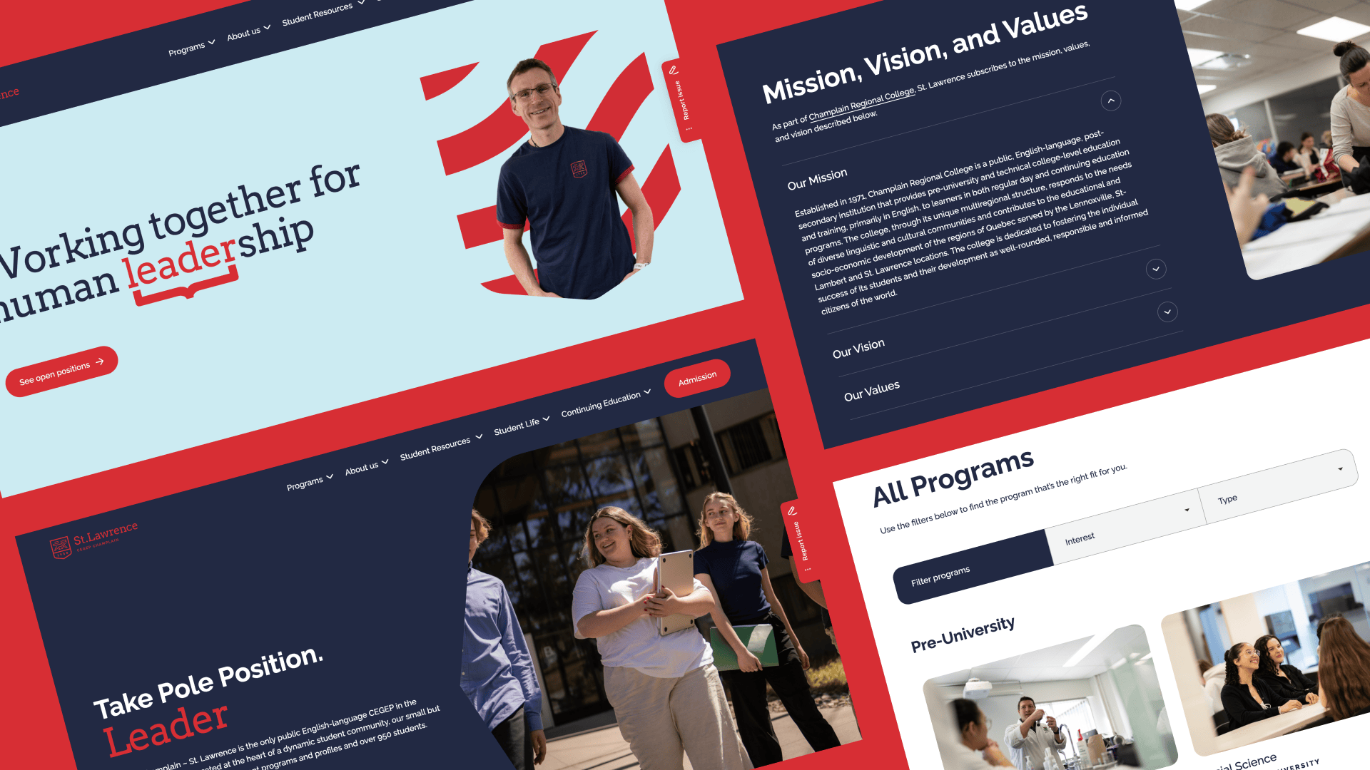 Collage d'un site web d'université présentant des sections sur le leadership, la mission et les valeurs, les programmes académiques et des photos d'étudiants interagissant sur le campus. Le design utilise les couleurs rouge, bleu marine et blanc.