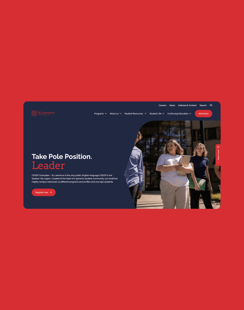 Une page de site web sur fond rouge montre des étudiants marchant à l'extérieur, avec le texte : Take Pole Position. Leader et un bouton rouge