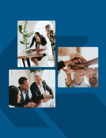 Collage de trois images : des collègues travaillant ensemble à une table, les mains empilées dans un geste de travail d'équipe, et un groupe diversifié de professionnels discutant autour d'un ordinateur portable, le tout sur un fond bleu.