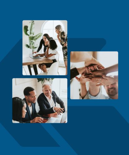 Collage de trois images : des collègues travaillant ensemble à une table, les mains empilées dans un geste de travail d'équipe, et un groupe diversifié de professionnels discutant autour d'un ordinateur portable, le tout sur un fond bleu.