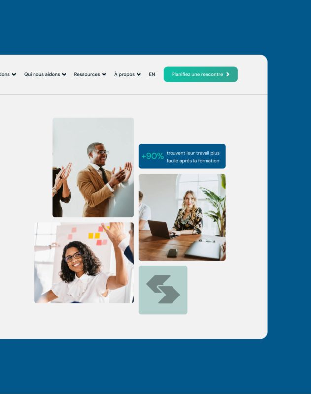 L'interface d'un site web présente des photos de divers professionnels travaillant et faisant la fête, une statistique indiquant que +90% trouvent leur travail plus facile après la formation, et des boutons de navigation sur un fond bleu.