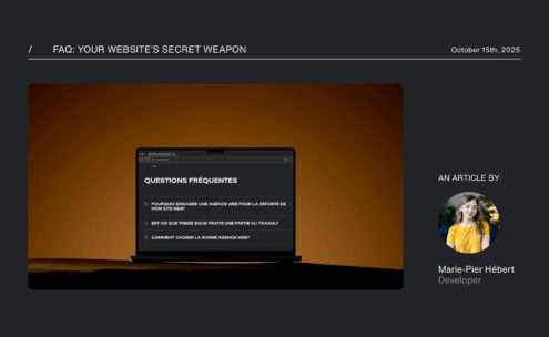 A dark-themed webpage showing a laptop with a FAQ section in French, alongside a profile photo of a smiling woman. Text reads, “An article by Marie-Pier Hébert, Developer.” Date: October 15th, 2025.