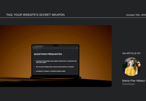 A dark-themed webpage showing a laptop with a FAQ section in French, alongside a profile photo of a smiling woman. Text reads, “An article by Marie-Pier Hébert, Developer.” Date: October 15th, 2025.