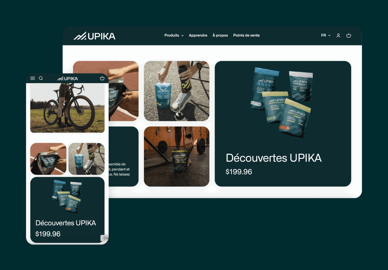 Un site web et une mise en page mobile pour UPIKA, présentant des emballages de produits nutritionnels, des images de style de vie de personnes faisant du vélo et de l'exercice, et l'article vedette "Découvertes UPIKA" au prix de 199,96 $.