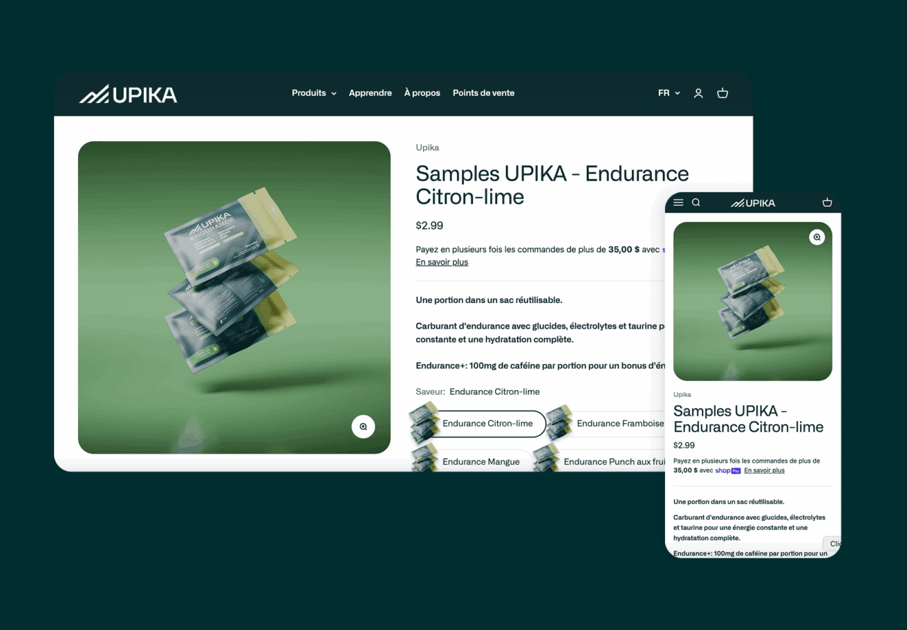 Page produit d'un site web pour des échantillons de gel énergétique UPIKA Endurance Citron-citron vert, montrant des sachets flottants sur un fond vert, affichée sur des écrans d'ordinateurs de bureau et de téléphones portables.