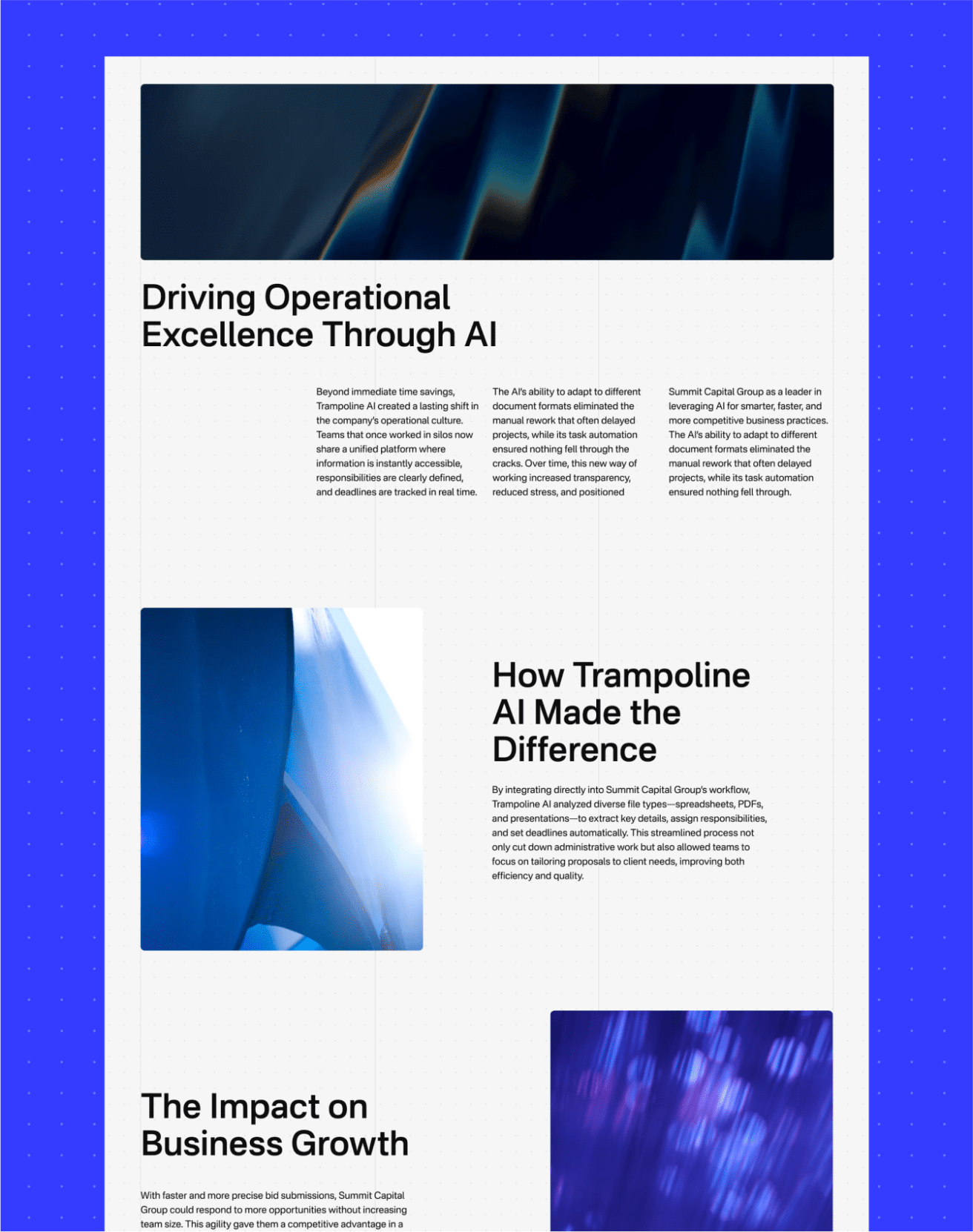 Une section du site web avec des graphiques abstraits sur le thème du bleu et trois articles intitulés : Driving Operational Excellence Through AI, How Trampoline AI Made the Difference, and The Impact on Business Growth.