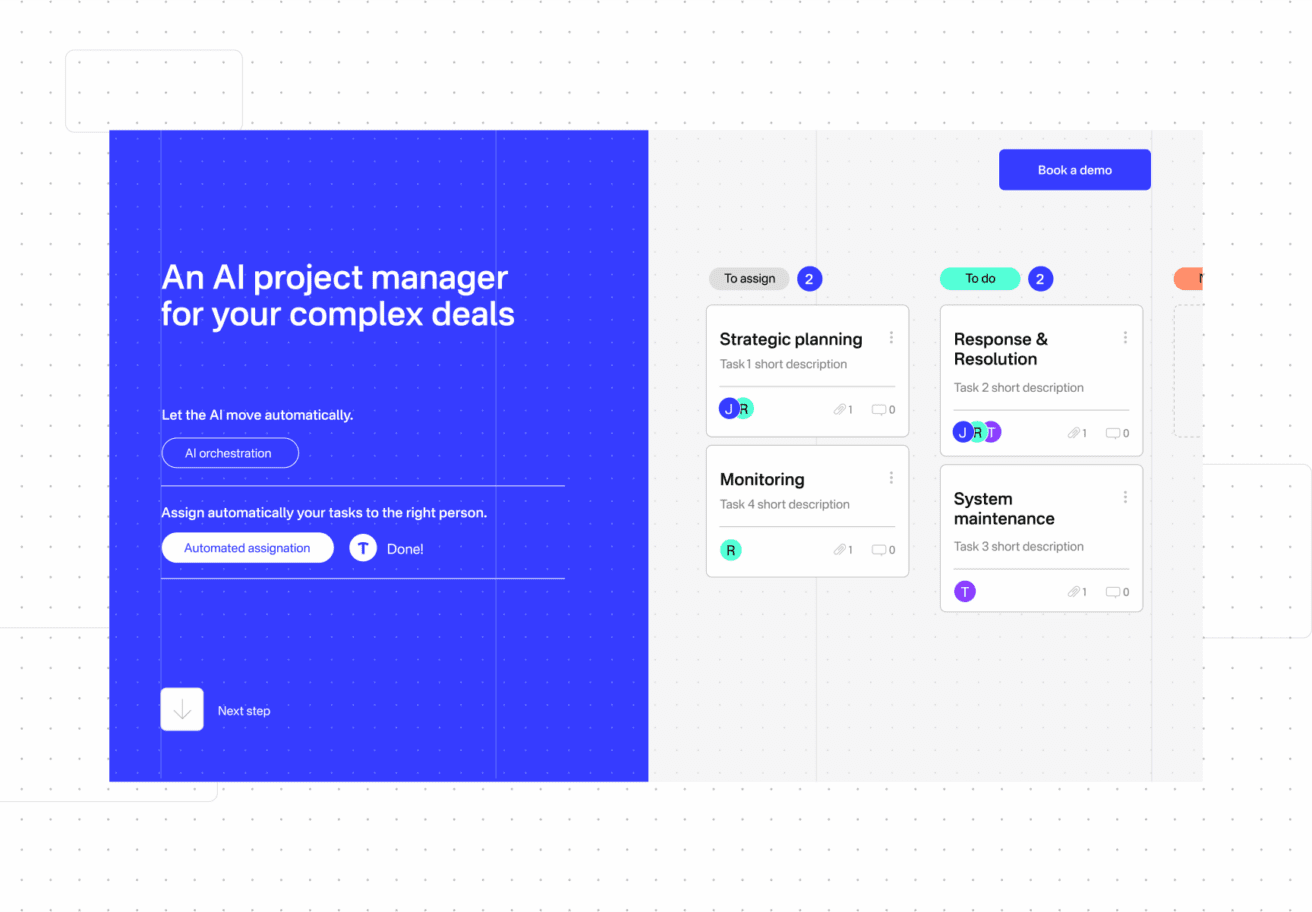 L'interface numérique d'un gestionnaire de projet d'IA montre l'affectation des tâches et l'état d'avancement. Le panneau de gauche présente l'outil, tandis que le panneau de droite affiche des tâches catégorisées telles que "Planification stratégique" et des options d'affectation ou d'automatisation.