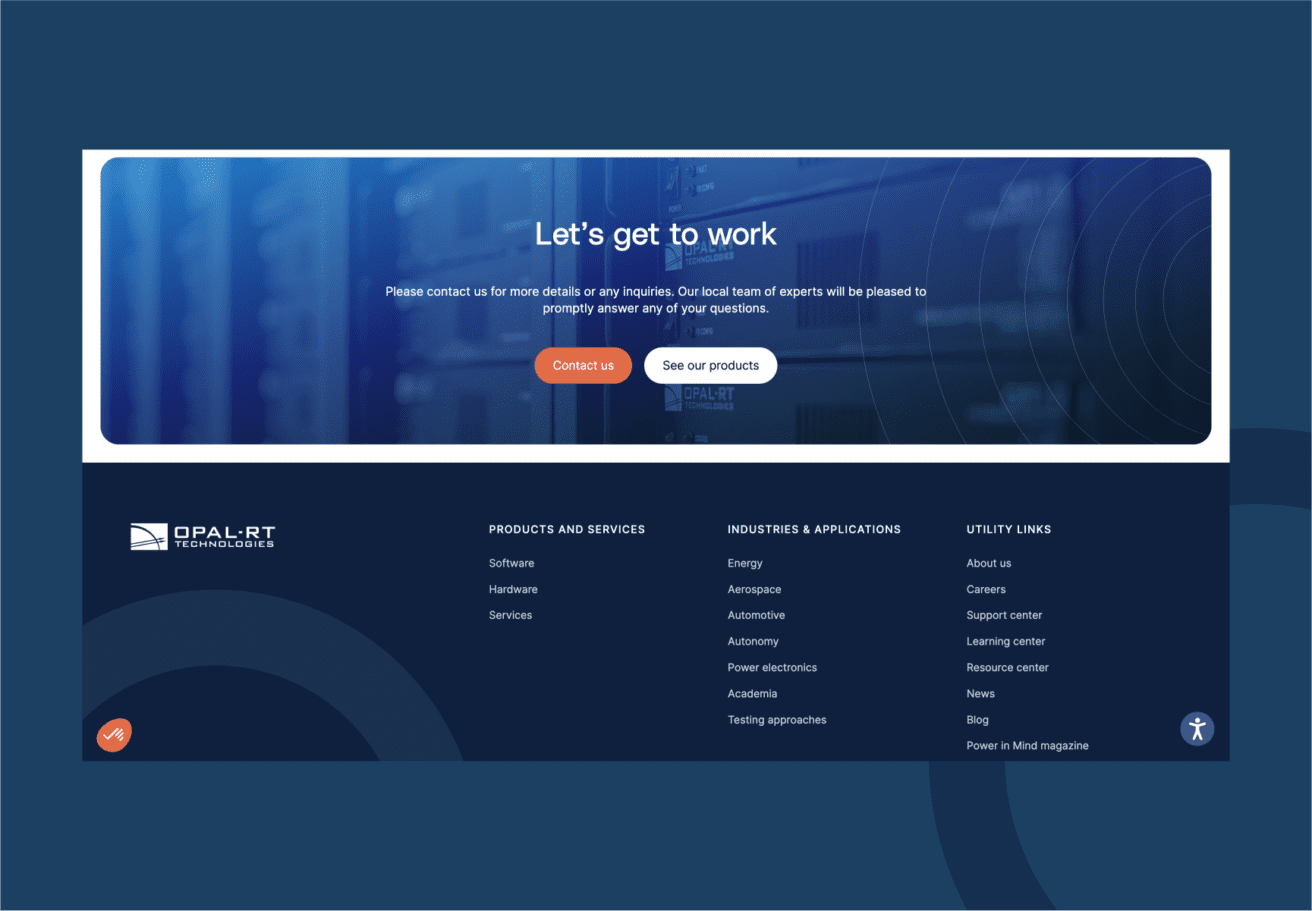 Une section de contact du site web avec un fond bleu, un texte blanc disant "Au travail", des boutons de contact et de produit, et des liens d'entreprise en dessous. Le logo d'Opal-RT Technologies est visible dans le coin inférieur gauche.