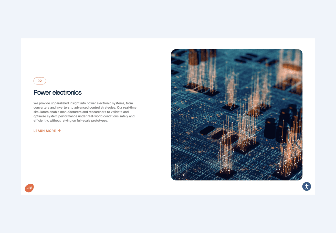 Illustration numérique d'un circuit imprimé avec, à droite, des lignes lumineuses et des flux de données ; à gauche, un texte sur l'électronique de puissance et un lien "En savoir plus" sont affichés sur un fond blanc.