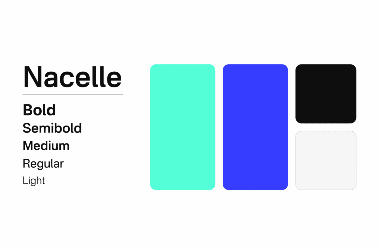 Le texte de gauche indique "Nacelle" en différentes polices de caractères : Bold, Semibold, Medium, Regular et Light. À droite, cinq rectangles arrondis de couleur aqua, bleue, noire, blanche et gris clair sur fond blanc.