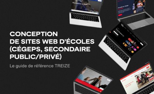 Six écrans d'ordinateurs portables inclinés affichent différentes pages d'accueil de sites web d'écoles sur un fond noir, avec un texte français en gras et en blanc promouvant la conception de sites web d'écoles pour les institutions publiques et privées.