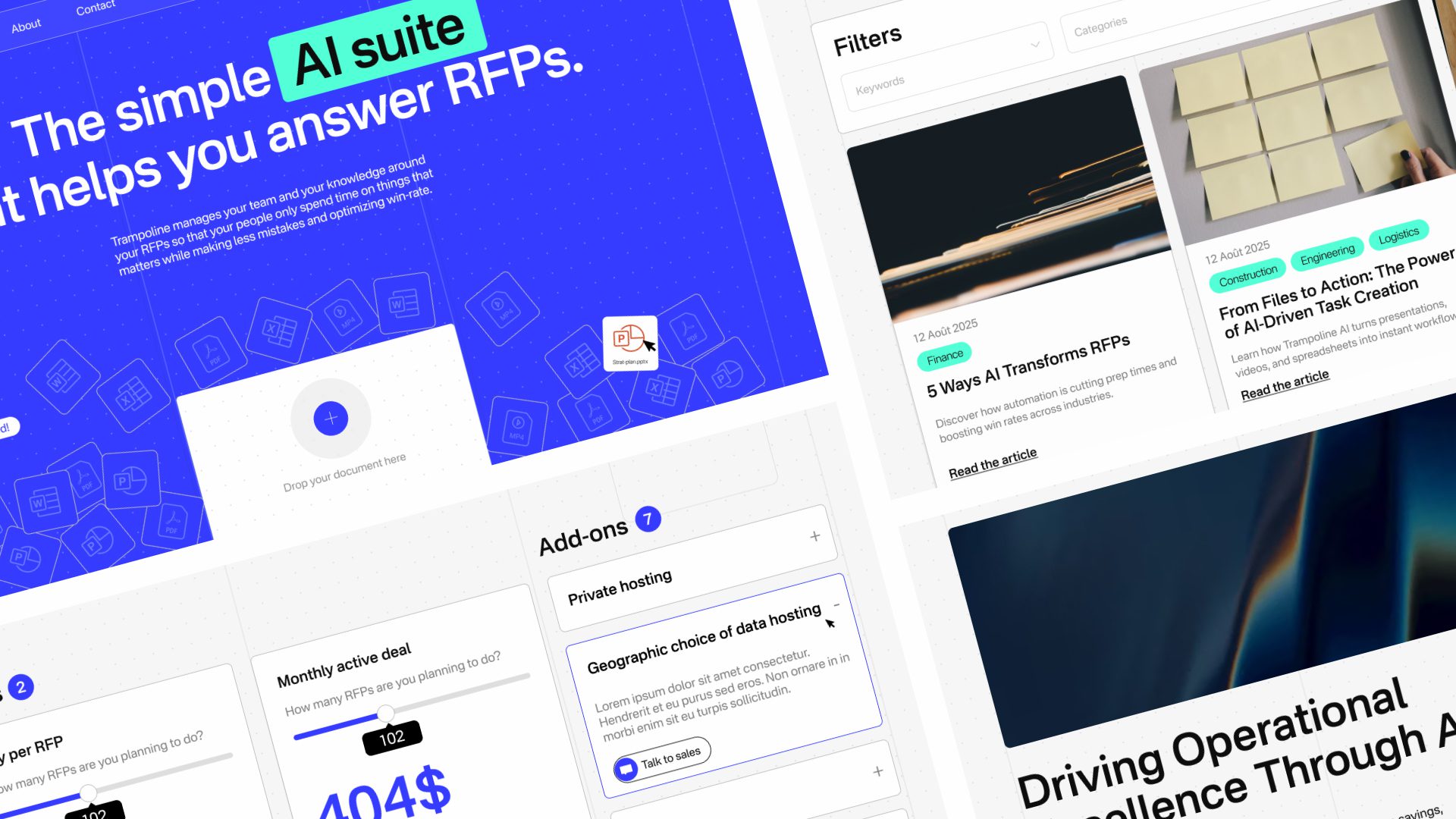 Capture d'écran d'un site web proposant une suite d'IA pour répondre aux appels d'offres, avec un thème bleu et blanc, des détails sur les prix, des options supplémentaires comme l'hébergement de données, et une barre latérale affichant des aperçus d'articles avec des images et des filtres.