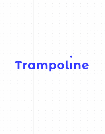 The word Trampoline is centered in bold, blue text on a white background with faint gray grid dots and vertical lines.