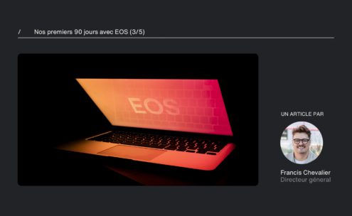 Un ordinateur portable avec un écran dégradé orange et rose affichant le mot EOS. À droite, une photo de profil d'un homme souriant avec des lunettes et un texte : Francis Chevalier, Directeur général.