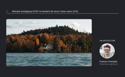 Une maison au bord d'un lac, entourée d'arbres d'automne, est représentée. A droite, une photo de profil d'un homme avec des lunettes et un texte : "UN ARTICLE PAR Francis Chevalier, Directeur général". Le titre de l'article figure en haut.
