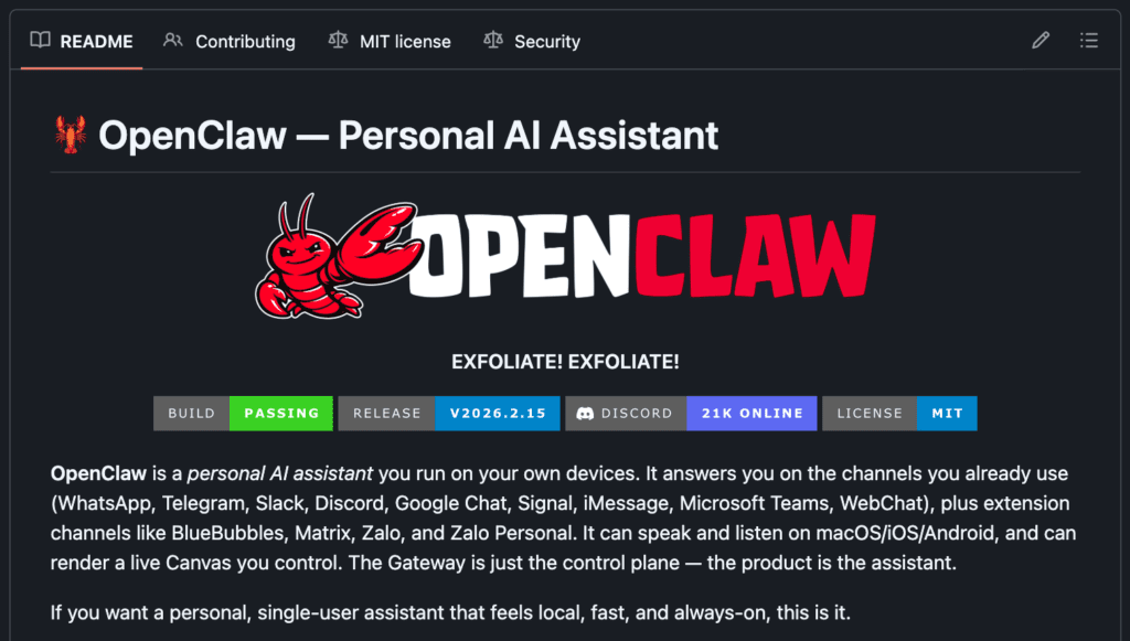 Capture d'écran de la page GitHub d'OpenClaw, avec un logo de crabe rouge, le nom OpenClaw, des badges indiquant l'état de la construction et la version, et une description d'OpenClaw en tant qu'assistant personnel d'intelligence artificielle pour de multiples plateformes.